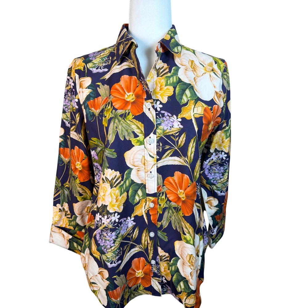 Chico's No Iron Floral Button Up Shirt Navy Orange Botanical Blouse Size 0.5 6
